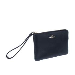 Pre Owned Coach Navy Blue Leather Zip Wristlet Pouch