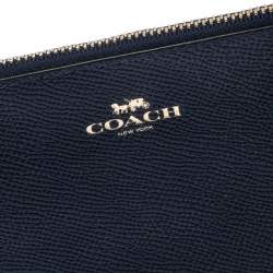 Pre Owned Coach Navy Blue Leather Zip Wristlet Pouch