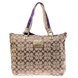  Coach Beige/Purple Canvas Poppy Tartan Glam Tote