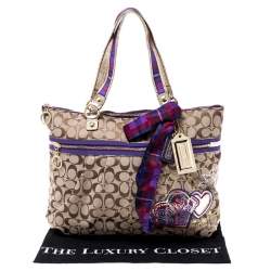  Coach Beige/Purple Canvas Poppy Tartan Glam Tote