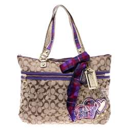  Coach Beige/Purple Canvas Poppy Tartan Glam Tote