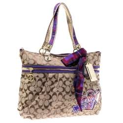  Coach Beige/Purple Canvas Poppy Tartan Glam Tote