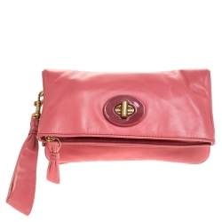 Pre Owned Coach Coral Pink Leather Foldover Wristlet