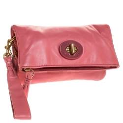 Pre Owned Coach Coral Pink Leather Foldover Wristlet