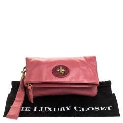 Pre Owned Coach Coral Pink Leather Foldover Wristlet