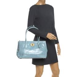 Pre Owned Coach Sky Blue Patent Leather Front Pocket Tote
