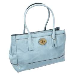Pre Owned Coach Sky Blue Patent Leather Front Pocket Tote