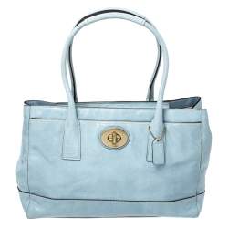 Pre Owned Coach Sky Blue Patent Leather Front Pocket Tote