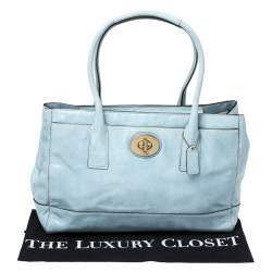 Pre Owned Coach Sky Blue Patent Leather Front Pocket Tote