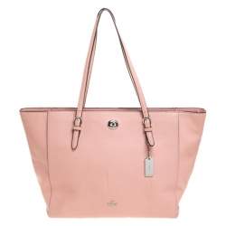 Pre Owned Coach Pink Leather Turnlock Shopper Tote