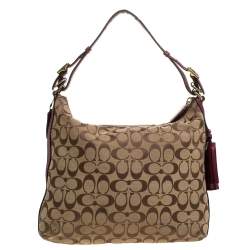 Pre Owned Coach Beige/Burgundy Canvas and Leather Front Pocket Hobo