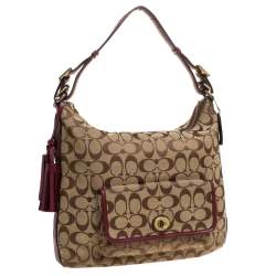 Pre Owned Coach Beige/Burgundy Canvas and Leather Front Pocket Hobo