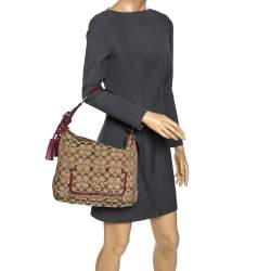 Pre Owned Coach Beige/Burgundy Canvas and Leather Front Pocket Hobo