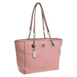 Pre Owned Coach Pink Leather Turn Lock Top Zip Tote