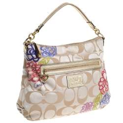 Coach Beige/Gold Flower Print Canvas and Leather Hobo