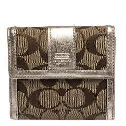 Coach Beige/Gold Signature Canvas and Leather Compact Wallet