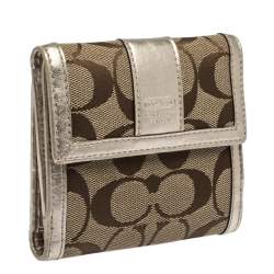 Coach Beige/Gold Signature Canvas and Leather Compact Wallet