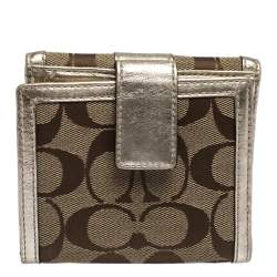 Coach Beige/Gold Signature Canvas and Leather Compact Wallet