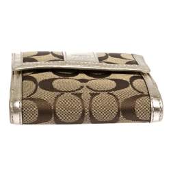 Coach Beige/Gold Signature Canvas and Leather Compact Wallet