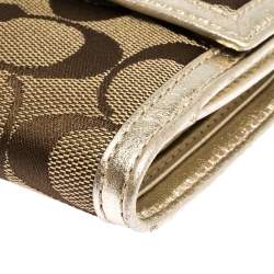 Coach Beige/Gold Signature Canvas and Leather Compact Wallet