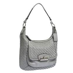 Pre Owned Coach Grey Woven Leather Kristin Hobo 