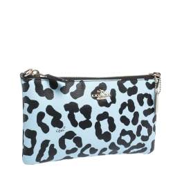Pre Owned Coach Light Blue/Black Leopard Print Leather Zip Clutch Bag