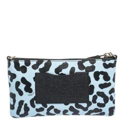 Pre Owned Coach Light Blue/Black Leopard Print Leather Zip Clutch Bag