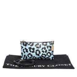 Pre Owned Coach Light Blue/Black Leopard Print Leather Zip Clutch Bag