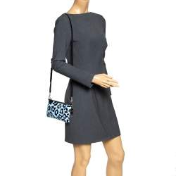 Pre Owned Coach Light Blue/Black Leopard Print Leather Zip Clutch Bag