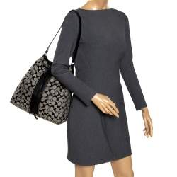 Coach Grey/Black Signature Canvas and Patent Leather Drawstring Shoulder Bag
