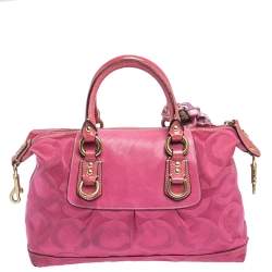 Pre Owned Coach Pink Signature Canvas and Patent Leather Ashley Satchel