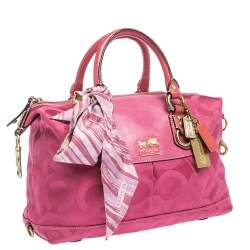 Pre Owned Coach Pink Signature Canvas and Patent Leather Ashley Satchel
