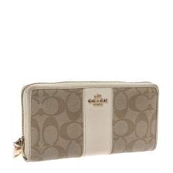  Coach Beige/Cream Signature Coated Canvas and Leather Accordion Zip Around Wallet