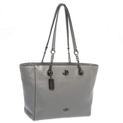 Coach Grey Leather Turnlock Chain Tote