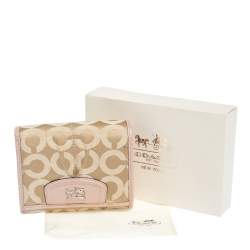Pre Owned Coach Pink/Beige Signature Canvas and Leather Flap Compact Wallet