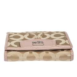 Pre Owned Coach Pink/Beige Signature Canvas and Leather Flap Compact Wallet