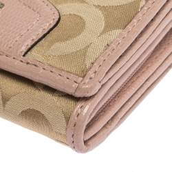 Pre Owned Coach Pink/Beige Signature Canvas and Leather Flap Compact Wallet
