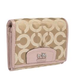 Pre Owned Coach Pink/Beige Signature Canvas and Leather Flap Compact Wallet