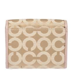 Pre Owned Coach Pink/Beige Signature Canvas and Leather Flap Compact Wallet
