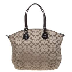 Coach Dark Brown/Beige Signature Canvas and Patent Leather Ashley North/South Satchel