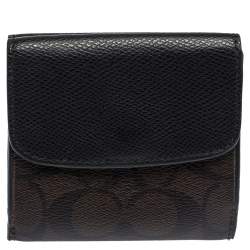 Pre Owned Coach Brown/Black Coated Canvas and Leather Trifold Wallet