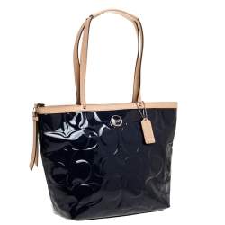 Pre Owned Coach Blue/Beige Patent Leather Peyton Tote