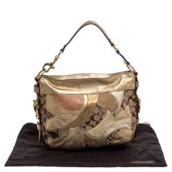 Coach Beige/Metallic Signature Patched Canvas and Leather Hobo