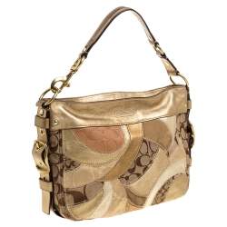 Coach Beige/Metallic Signature Patched Canvas and Leather Hobo