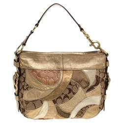 Coach Beige/Metallic Signature Patched Canvas and Leather Hobo