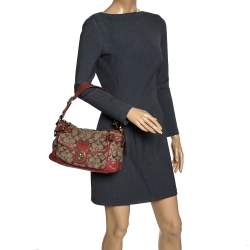 Pre Owned Coach Beige/Pale Red Signature Canvas and Leather Hobo