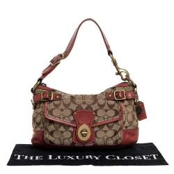 Pre Owned Coach Beige/Pale Red Signature Canvas and Leather Hobo