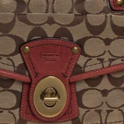 Pre Owned Coach Beige/Pale Red Signature Canvas and Leather Hobo