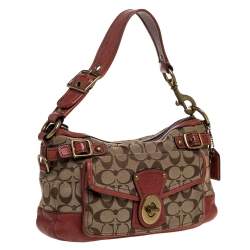 Pre Owned Coach Beige/Pale Red Signature Canvas and Leather Hobo