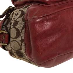 Pre Owned Coach Beige/Pale Red Signature Canvas and Leather Hobo